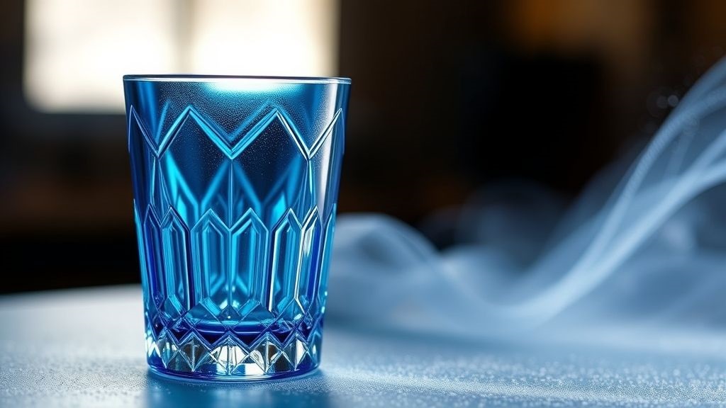 Blue glass carefully cut and sandblasted for a matte and artistic appearance