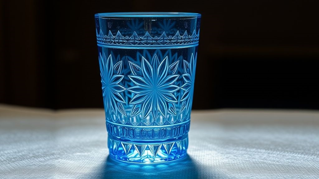 Blue glass cut with precision and sandblasted for a smooth, detailed surface