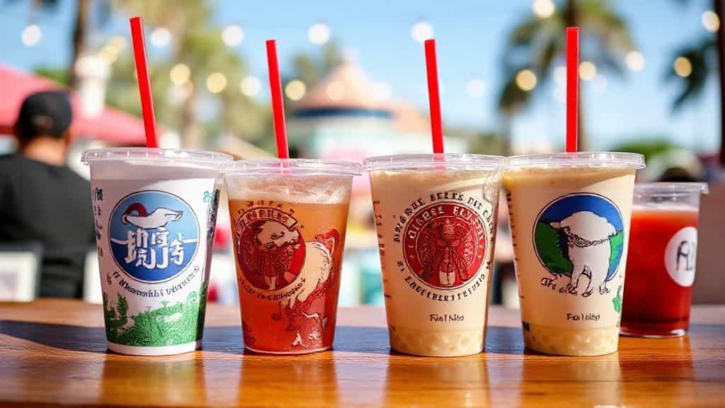 Eco friendly bamboo fiber souvenir cups arranged on a rustic wooden table