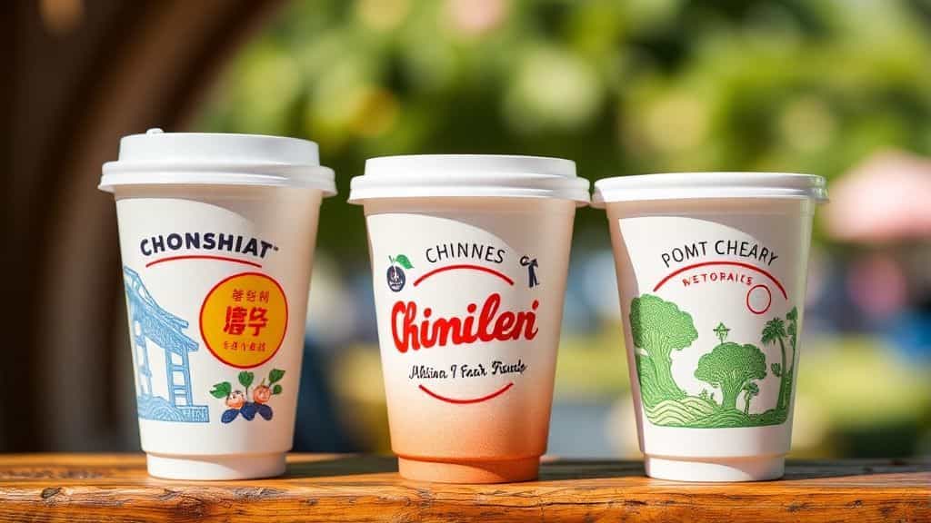 display wall showcasing rows of collectible souvenir cups with logos and scenic prints