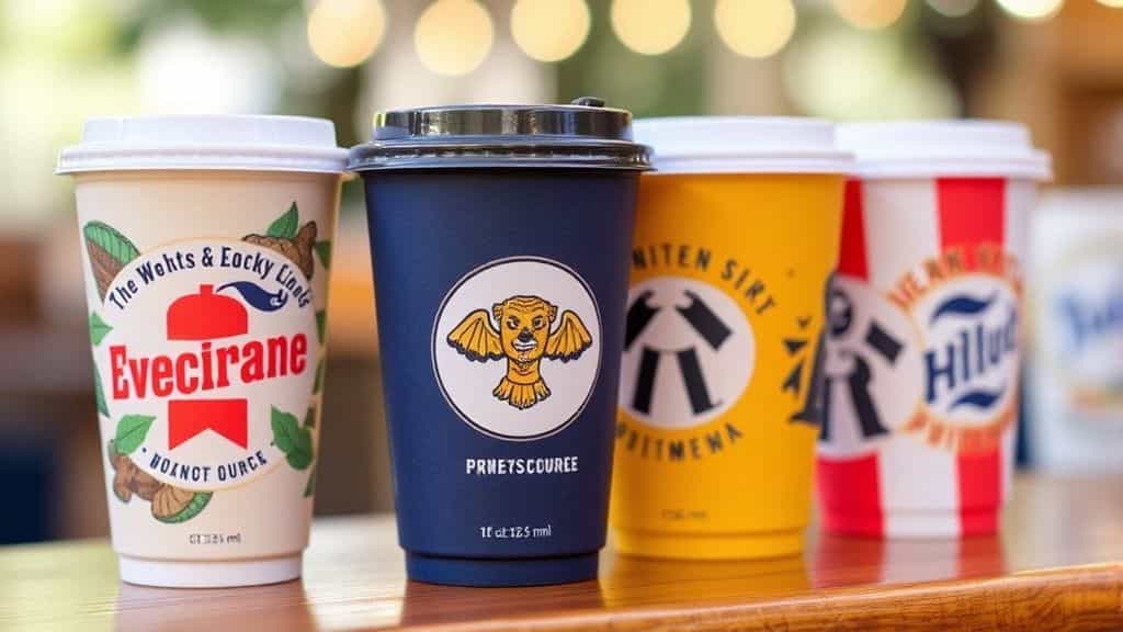 group of friends sharing coffee, their souvenir cups mismatched and full of charm